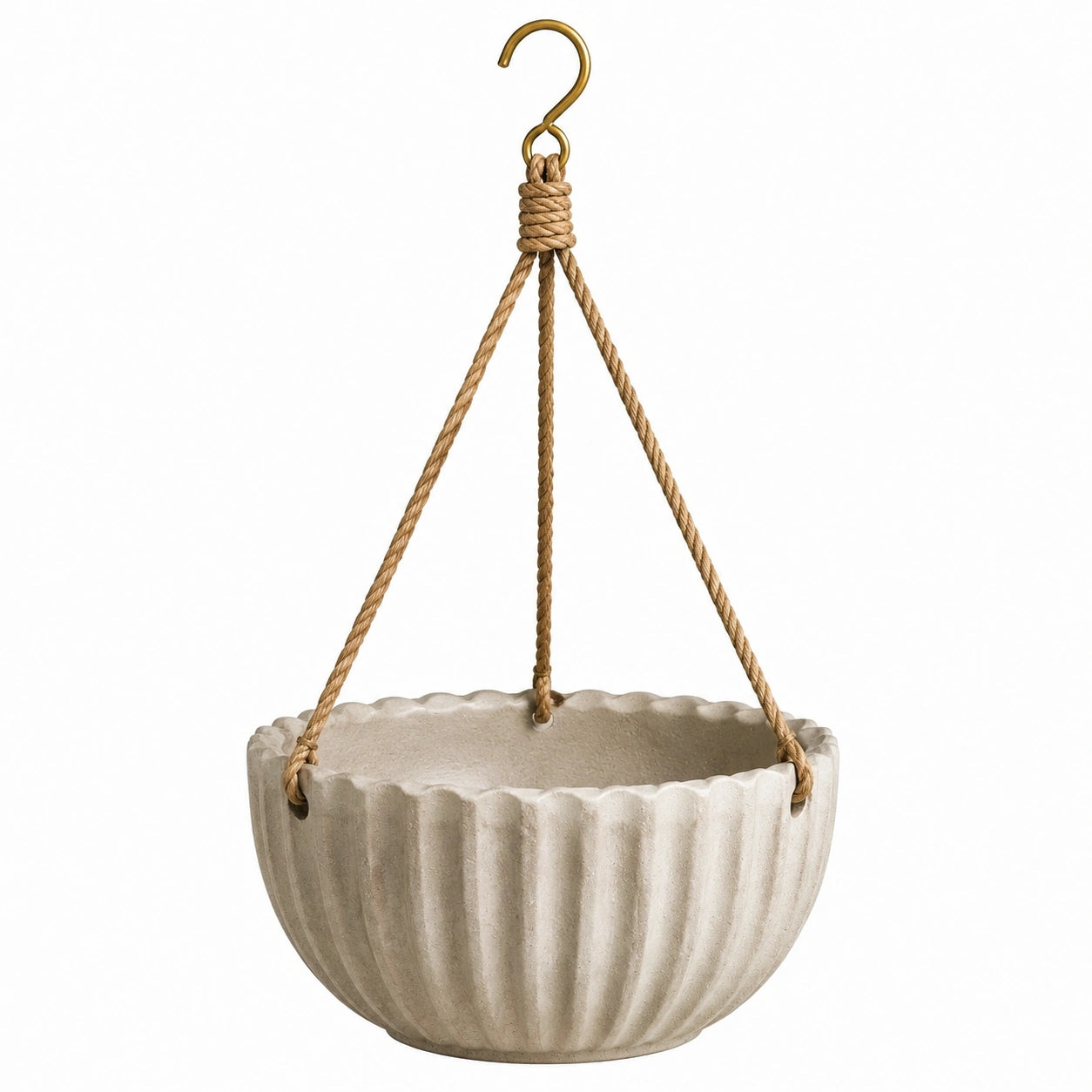 Hängeblumentopf 25 cm Mineralwerkstoff beige mit Naturseil geriffelt