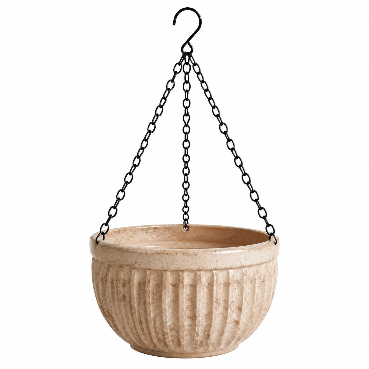 Hängeblumentopf 25 cm Keramik Beige mit Metallkette geriffelt für Pflanzen