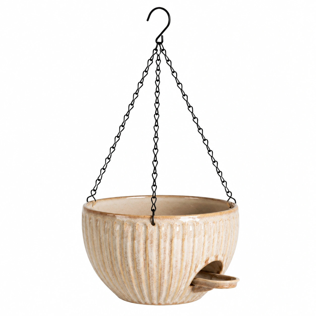 Hängender Blumentopf 20 cm Keramik Creme für Pflanzen geriffelt