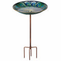 Vogelbad 35 cm Keramik Grün Blau mit Metallstab für Garten